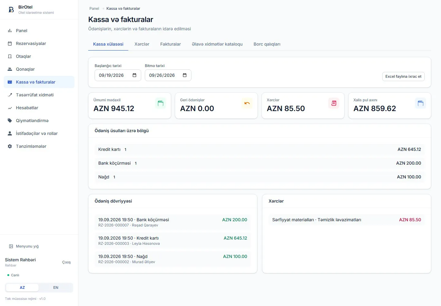 BirOtel cashier summary — income, expenses and payment method breakdown