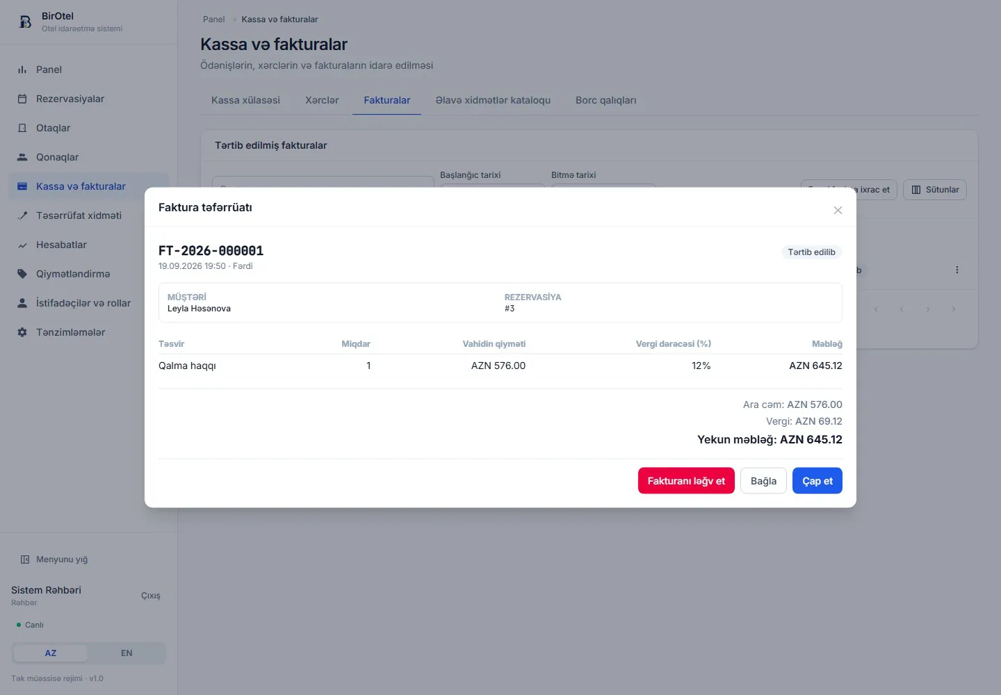 BirOtel invoice screen — stay charges, extra services and total