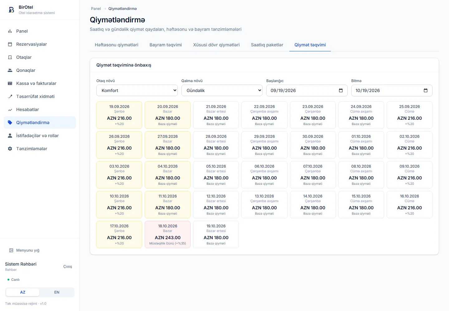 BirOtel rate calendar — daily rates with weekend and holiday surcharges