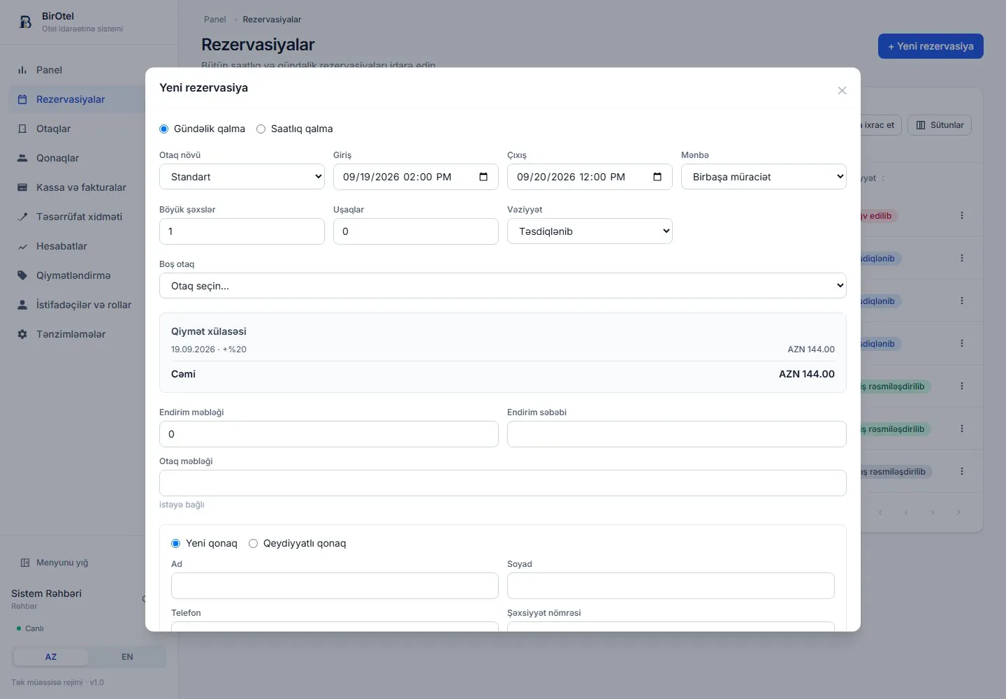 BirOtel new reservation form — nightly and hourly stays with price summary
