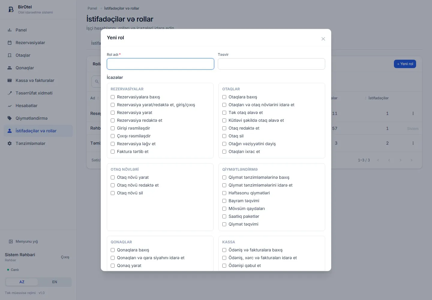 BirOtel role editor — permissions by module and action