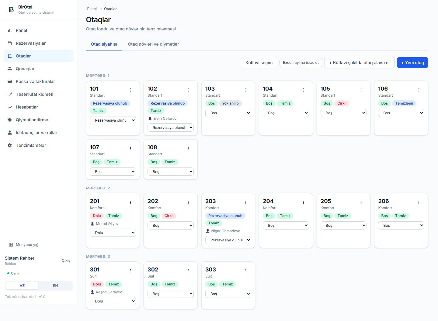 BirOtel room inventory — room cards by floor with statuses