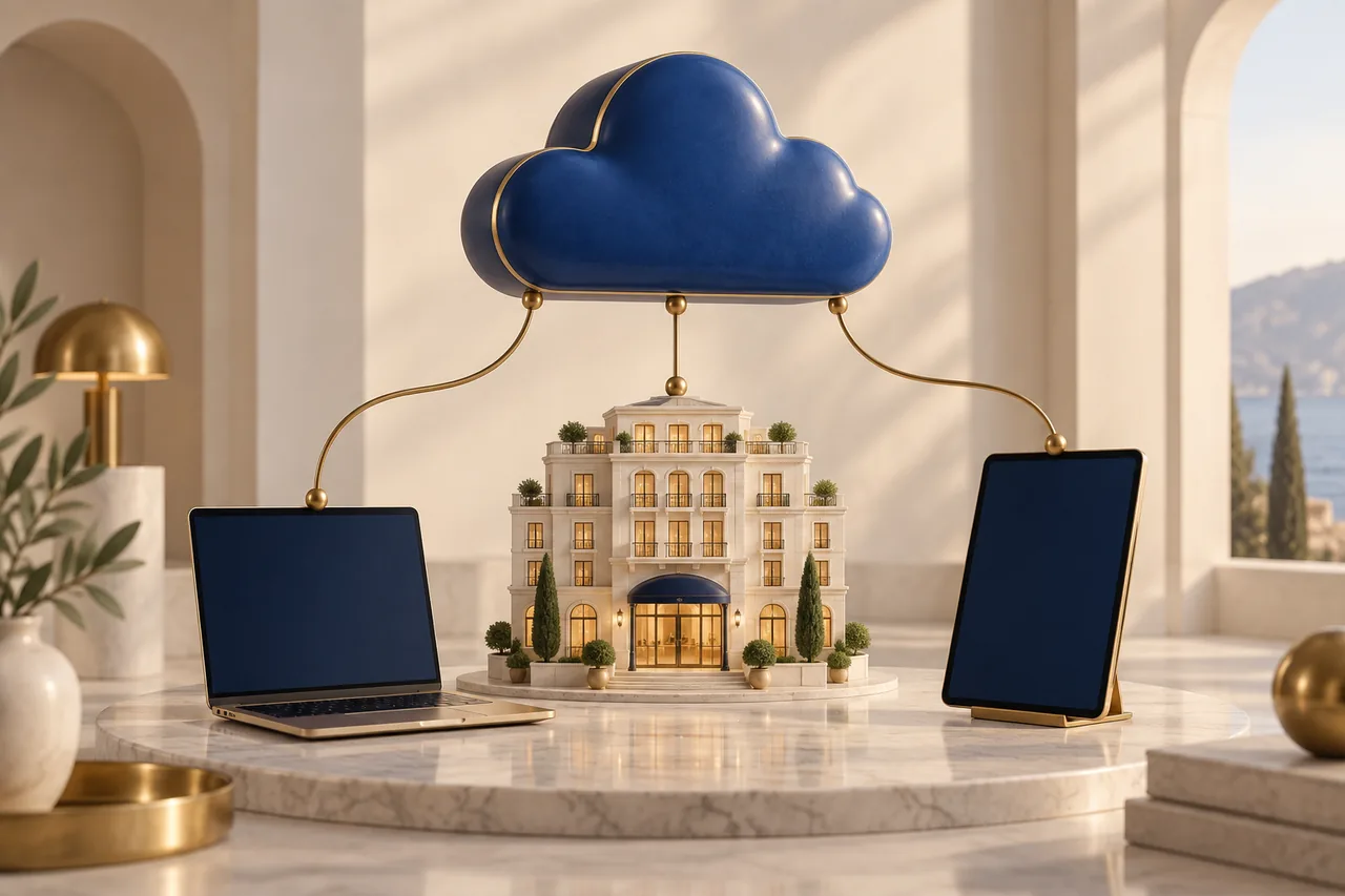 A blue cloud sculpture connecting a miniature hotel, laptop and tablet