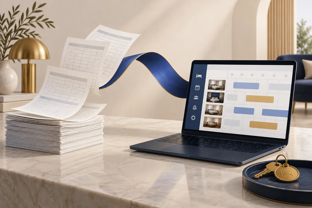 Spreadsheet pages flowing towards a laptop calendar to illustrate migration to a hotel PMS