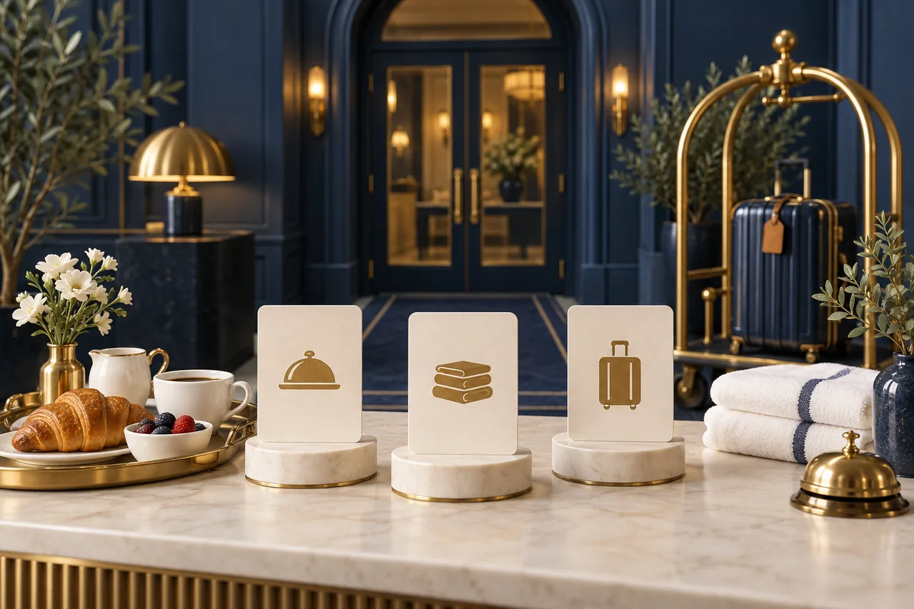 A breakfast tray, folded towels, luggage trolley and service cards at a hotel reception