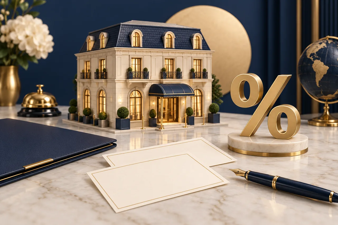 Tünd göy, fil sümüyü və qızılı tonlarda miniatür otel, iki yazısız müqavilə kartı və latun faiz işarəsi