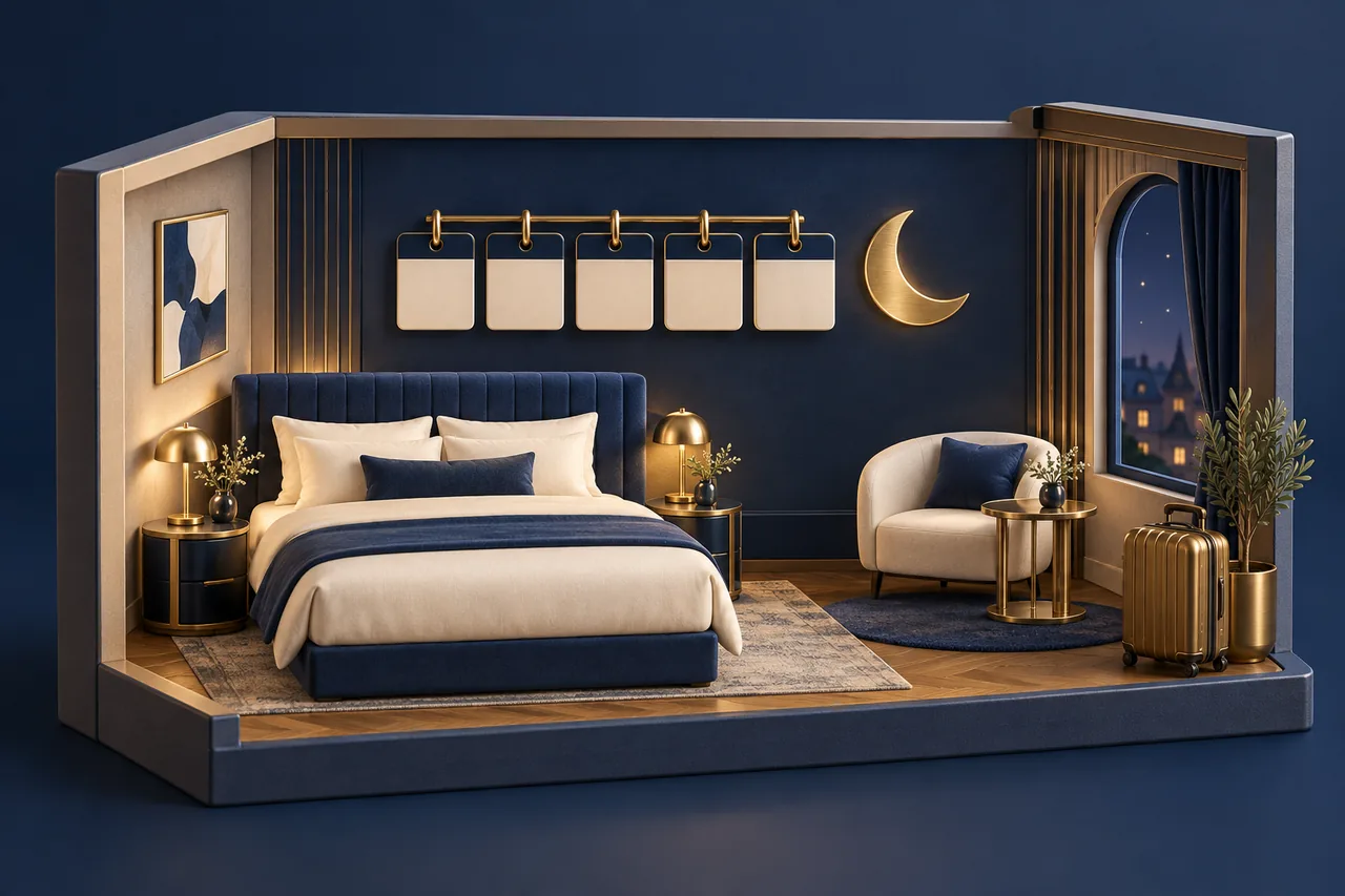A miniature hotel bedroom with five blank calendar cards and a gold crescent representing consecutive overnight stays