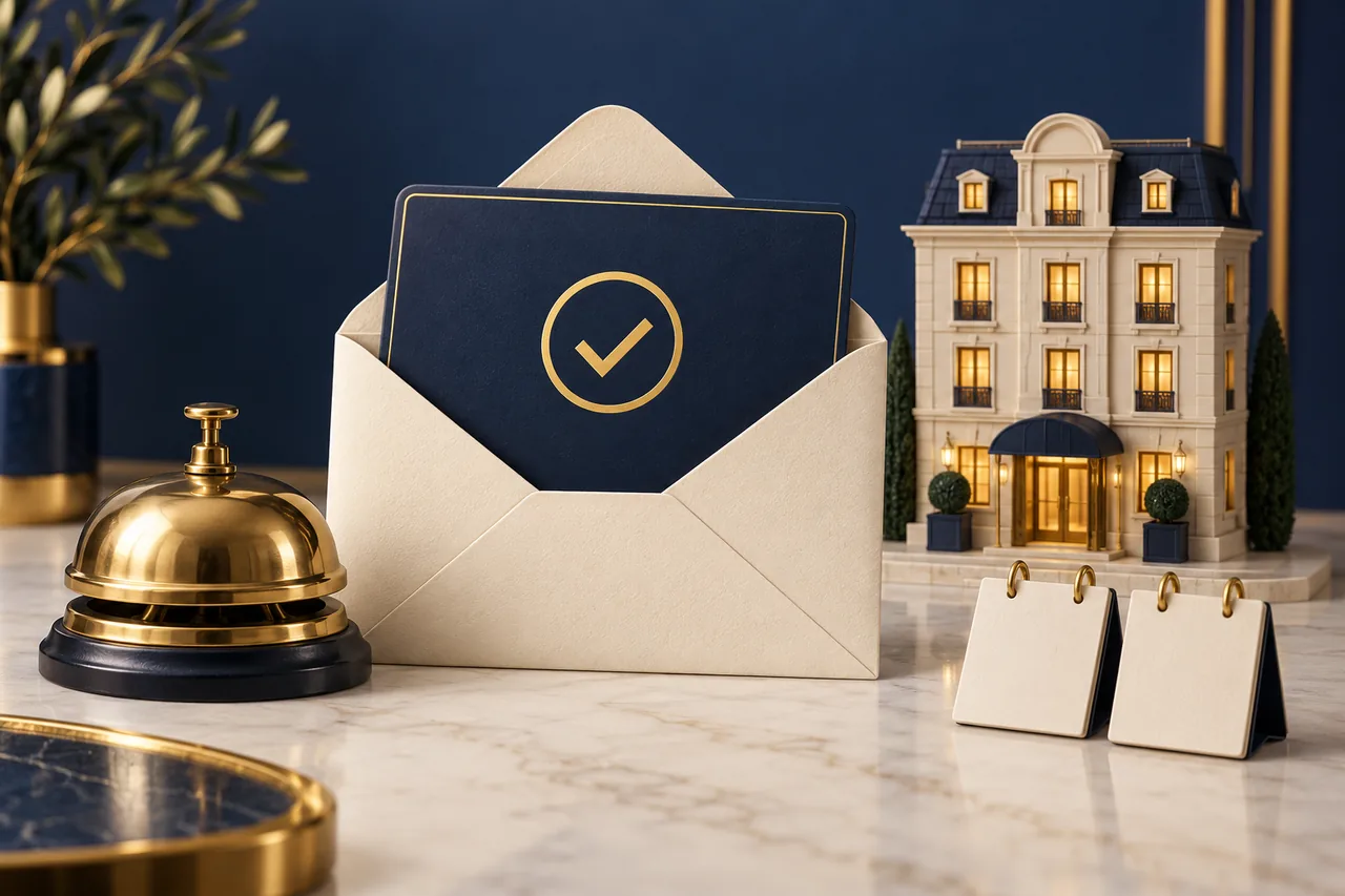 An open envelope holding a card with a gold confirmation checkmark beside a reception bell, miniature hotel and two blank calendar cards