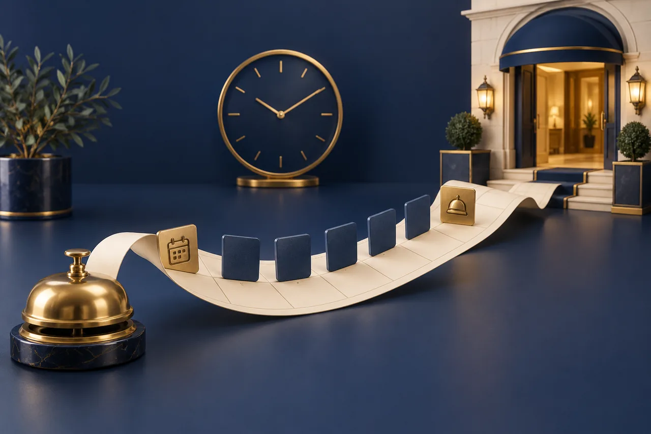 Blank calendar tiles and a clock along a ribbon connecting a reservation bell to a hotel doorway