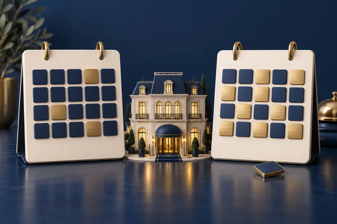 Two calendars with navy and gold booking tiles on either side of a miniature hotel, illustrating changes between snapshots