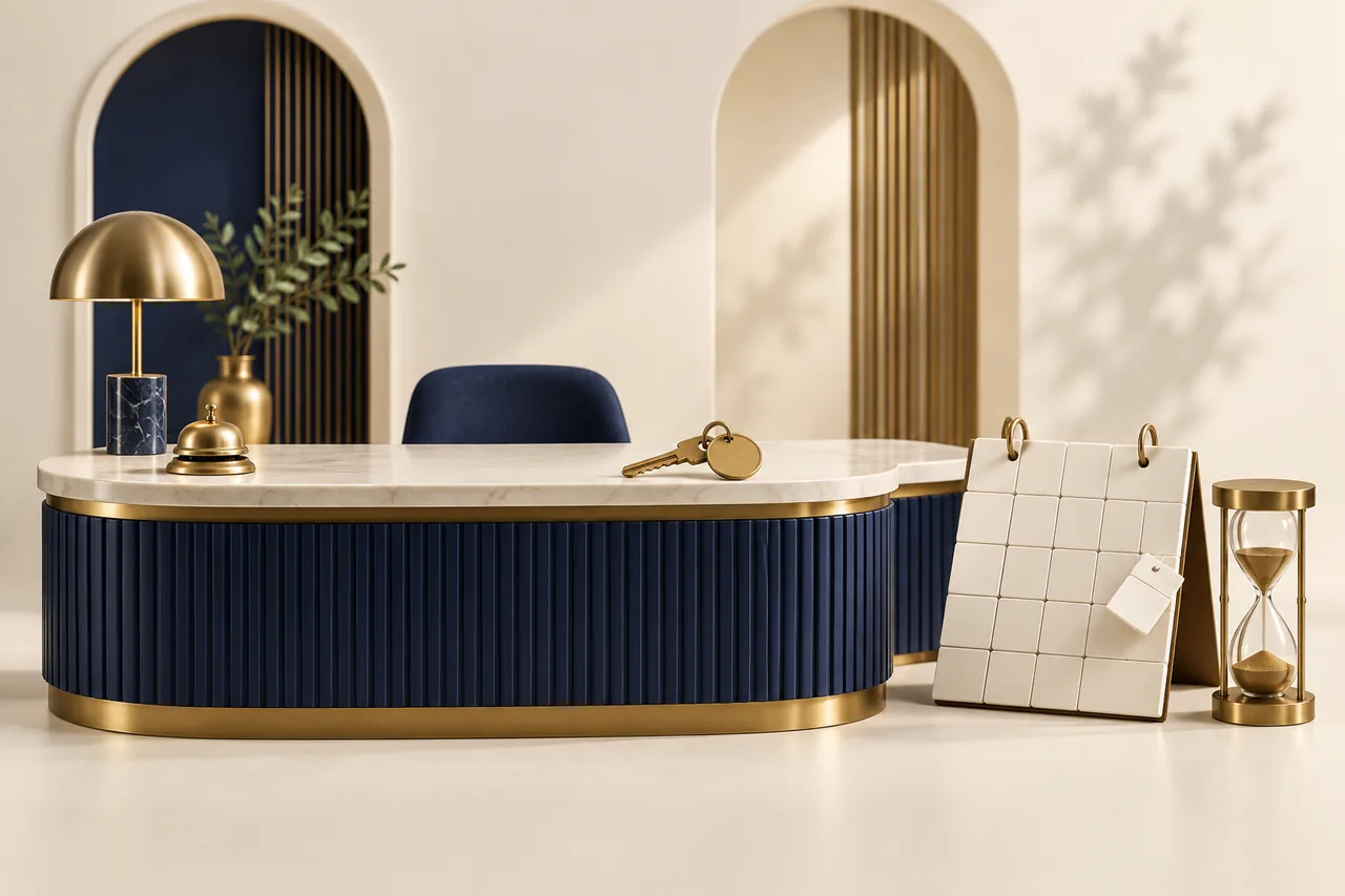 An unclaimed room key, blank calendar tiles and an hourglass on a reception desk