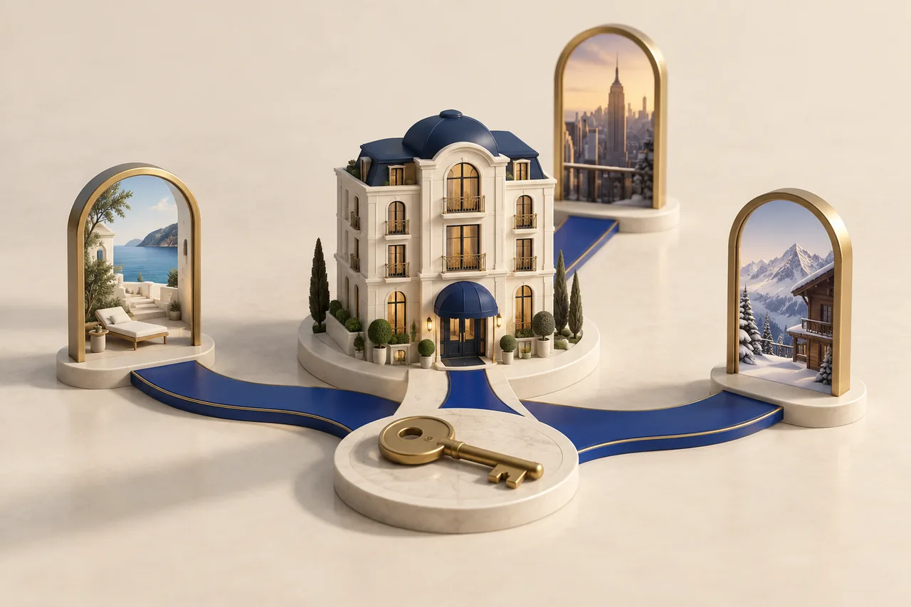 A miniature hotel and room key at the centre of three paths representing booking channels