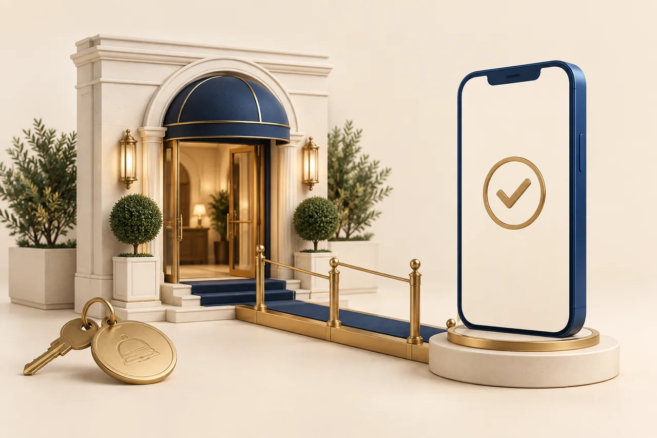 A phone with a confirmation symbol connected directly to a miniature hotel entrance