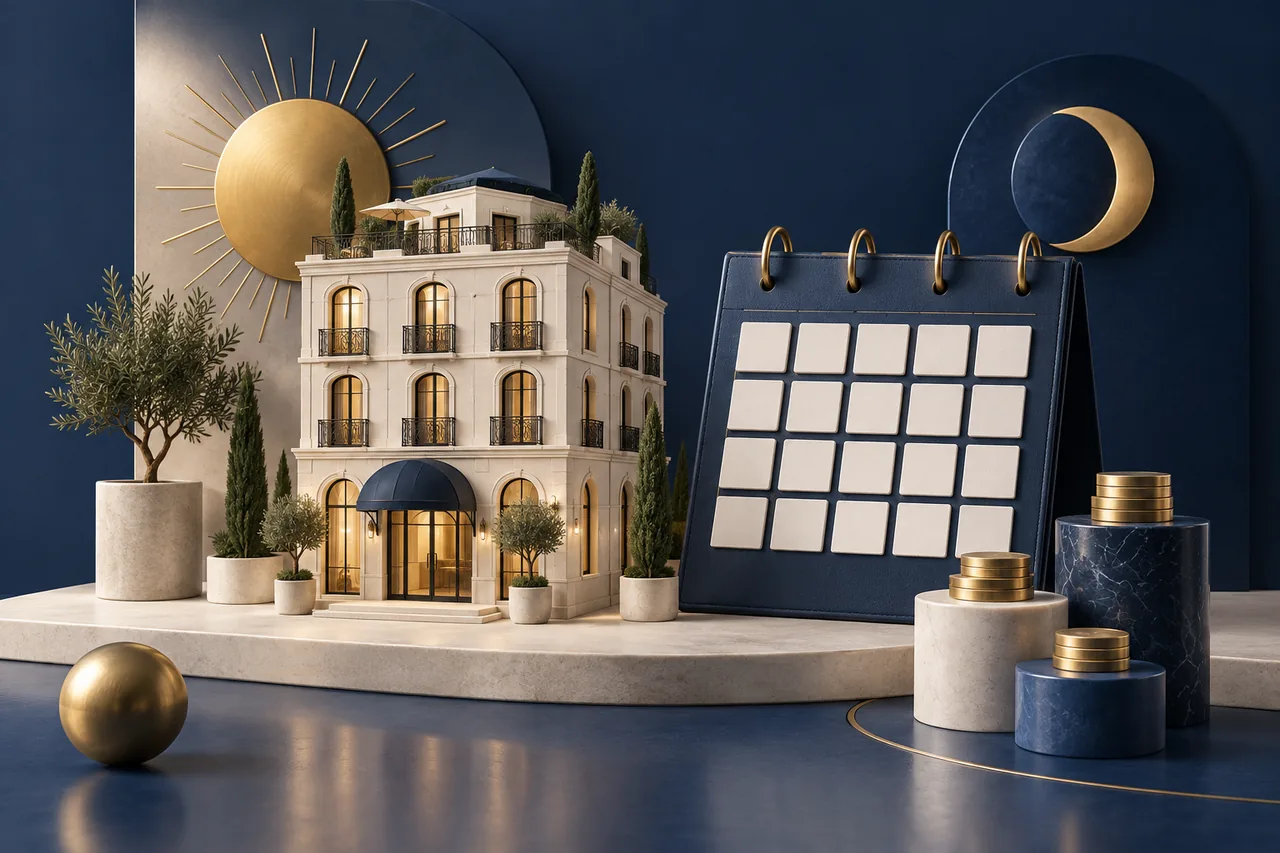 Blank calendar tiles and rate tokens on different-height plinths beside a miniature hotel