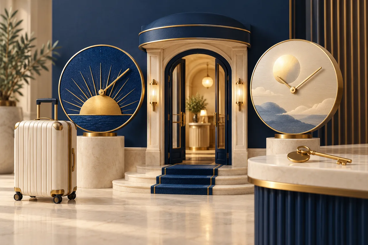 A suitcase, numberless clocks, sun shapes and a room key beside a hotel doorway
