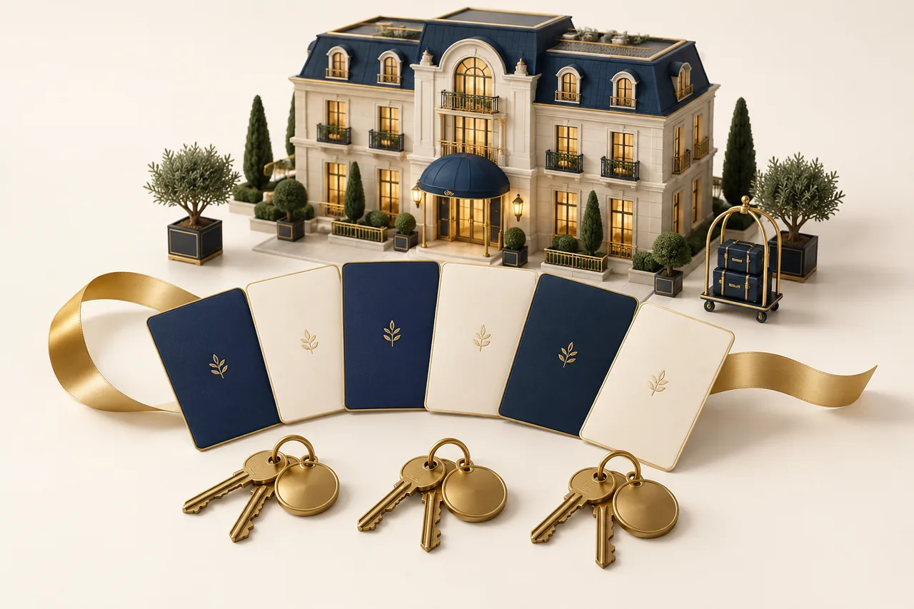 Grouped guest cards and room keys in front of a miniature boutique hotel