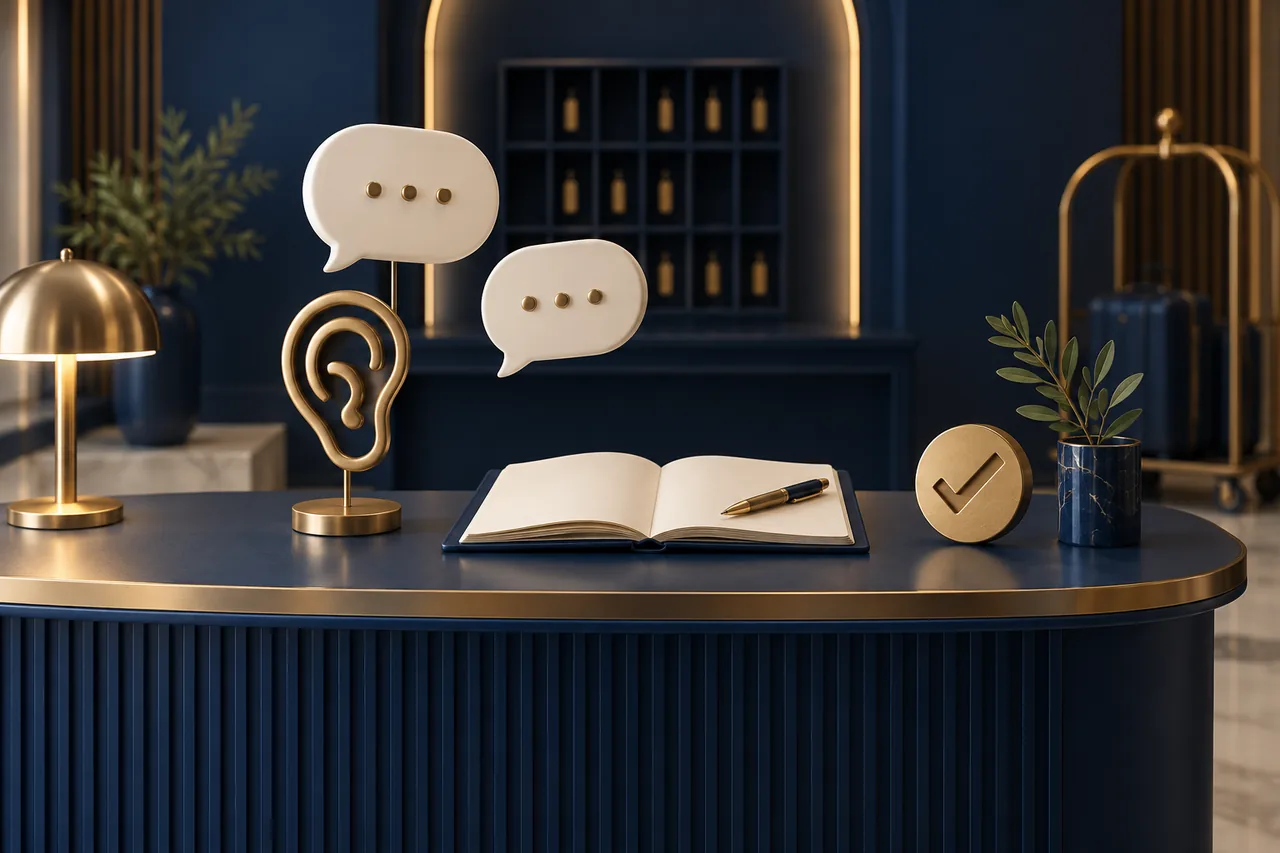 Speech bubbles, a gold listening-ear symbol, an open notebook and a checkmark on a hotel reception desk