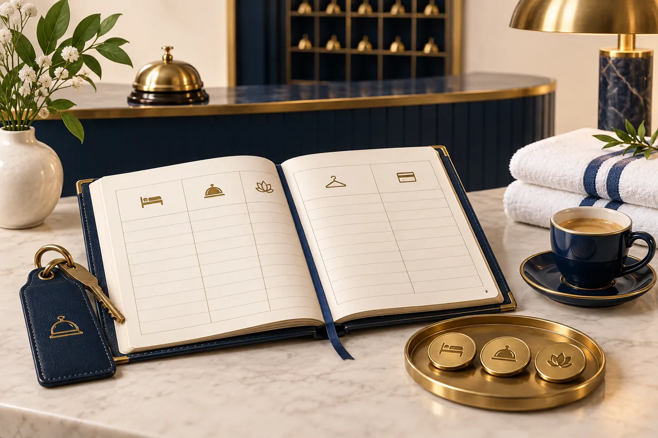 A guest ledger, room key, coffee cup, folded towels and gold tokens