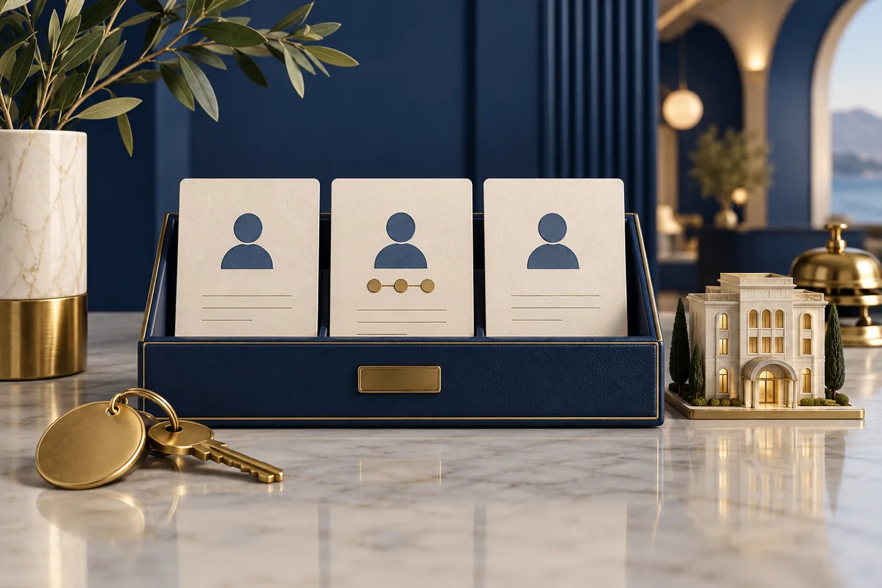 Anonymous guest profile cards, connected stay-history dots and a hotel key