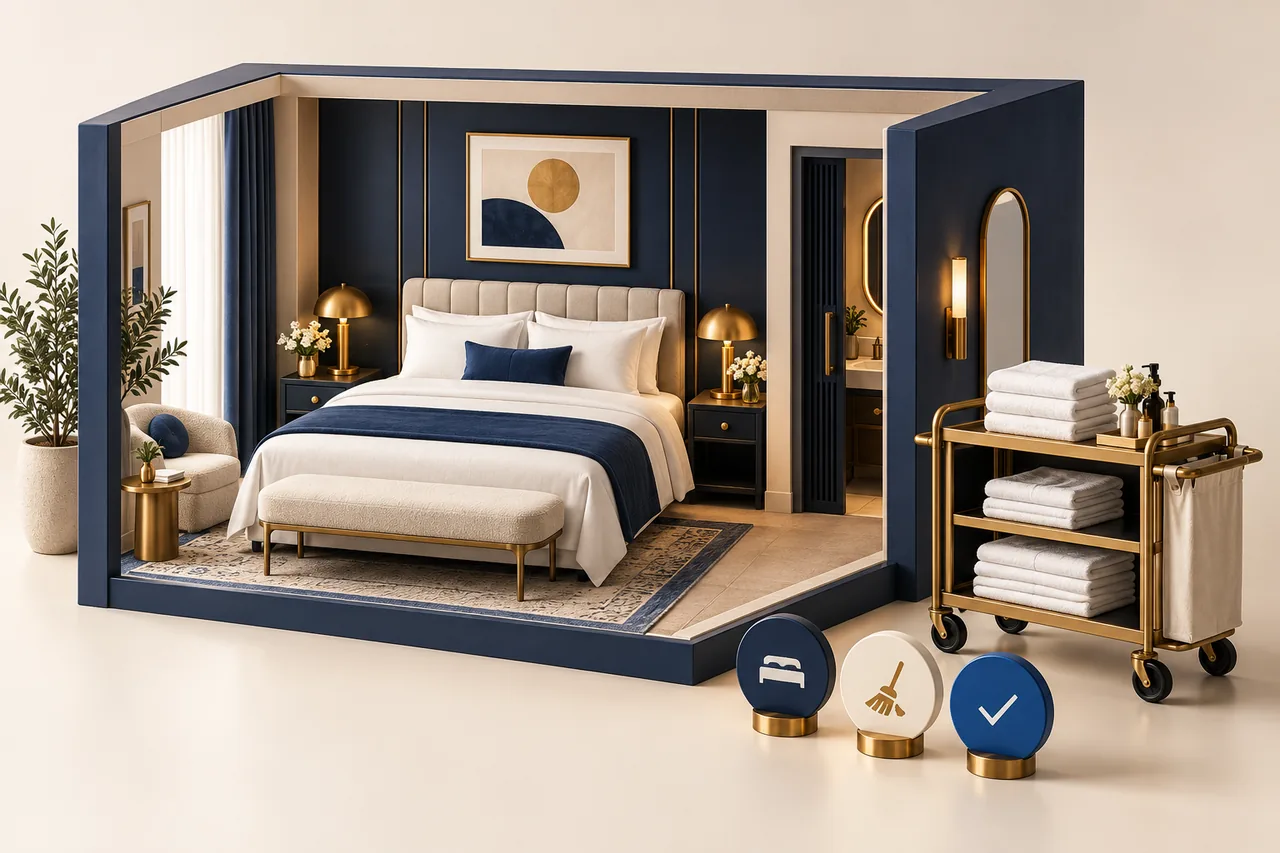 A miniature hotel room with a made bed, towel trolley and discs representing room status