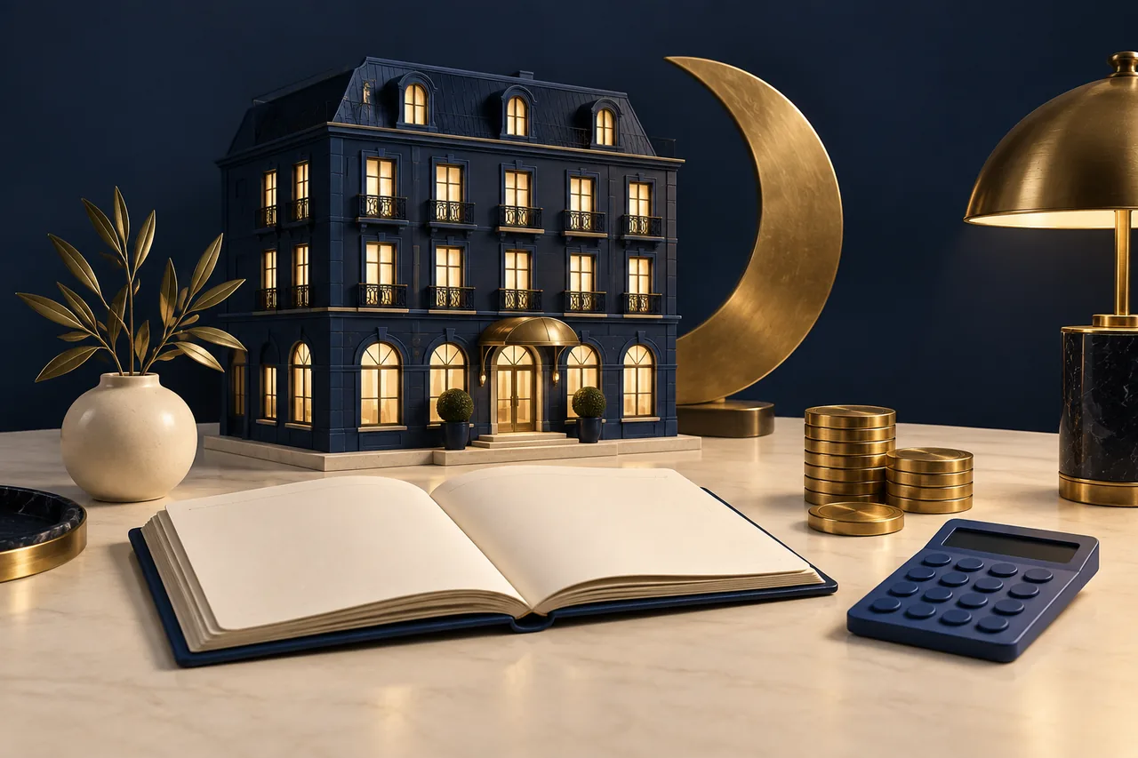 An illuminated miniature hotel at night beside a moon, ledger, calculator and metal tokens