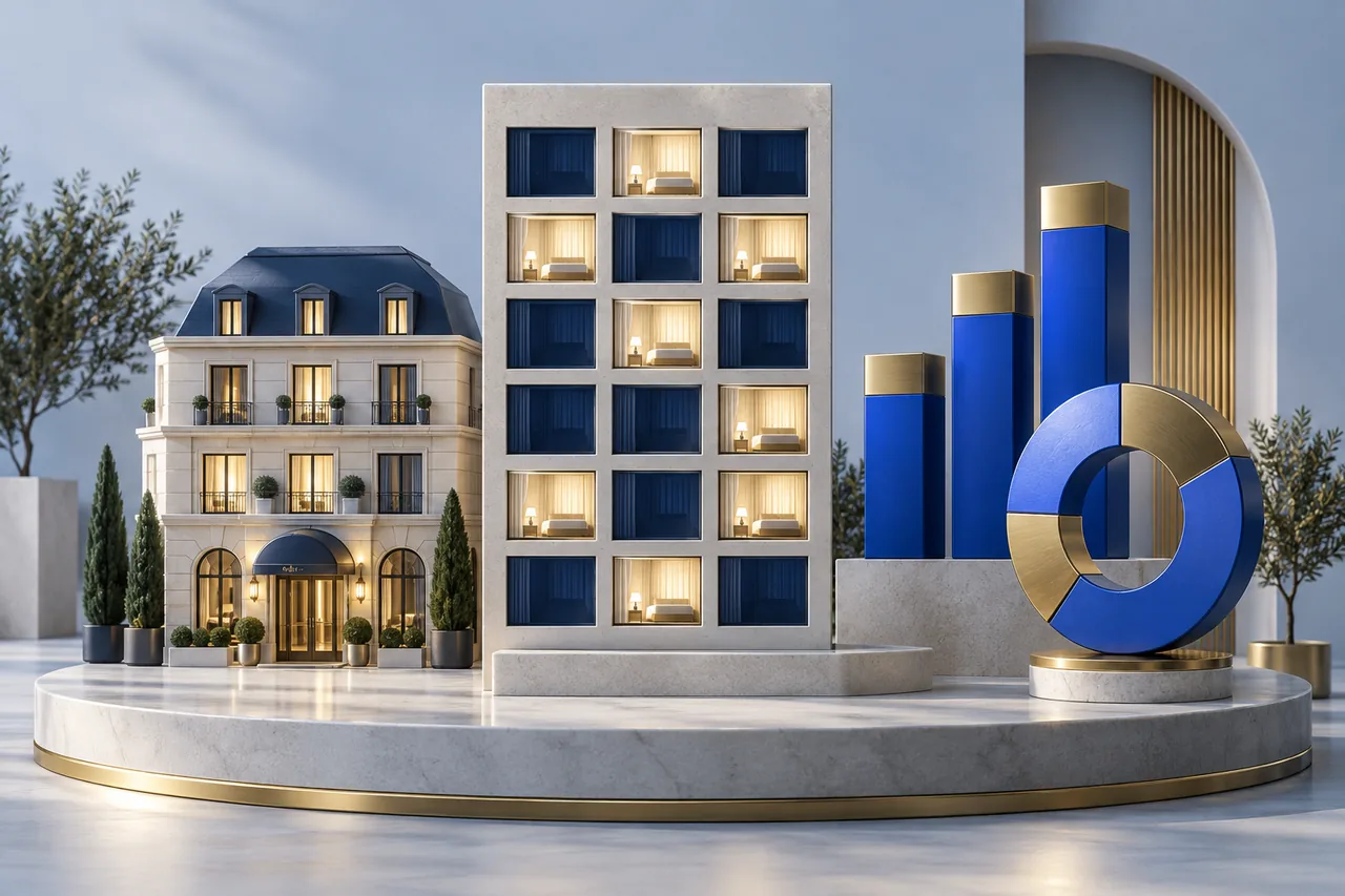 Hotel room windows beside sculptural bar and ring charts illustrating occupancy and room revenue
