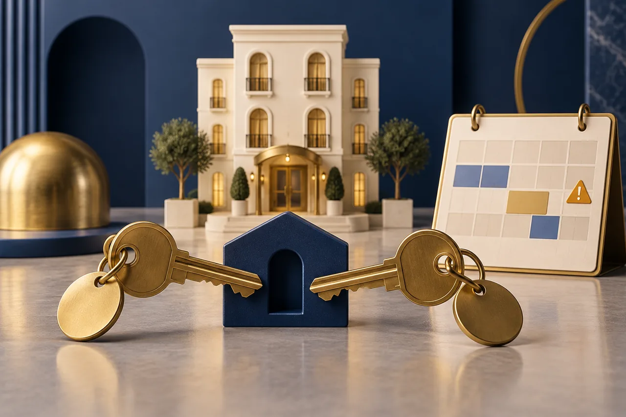 Two room keys competing for one room-shaped slot in front of a miniature hotel