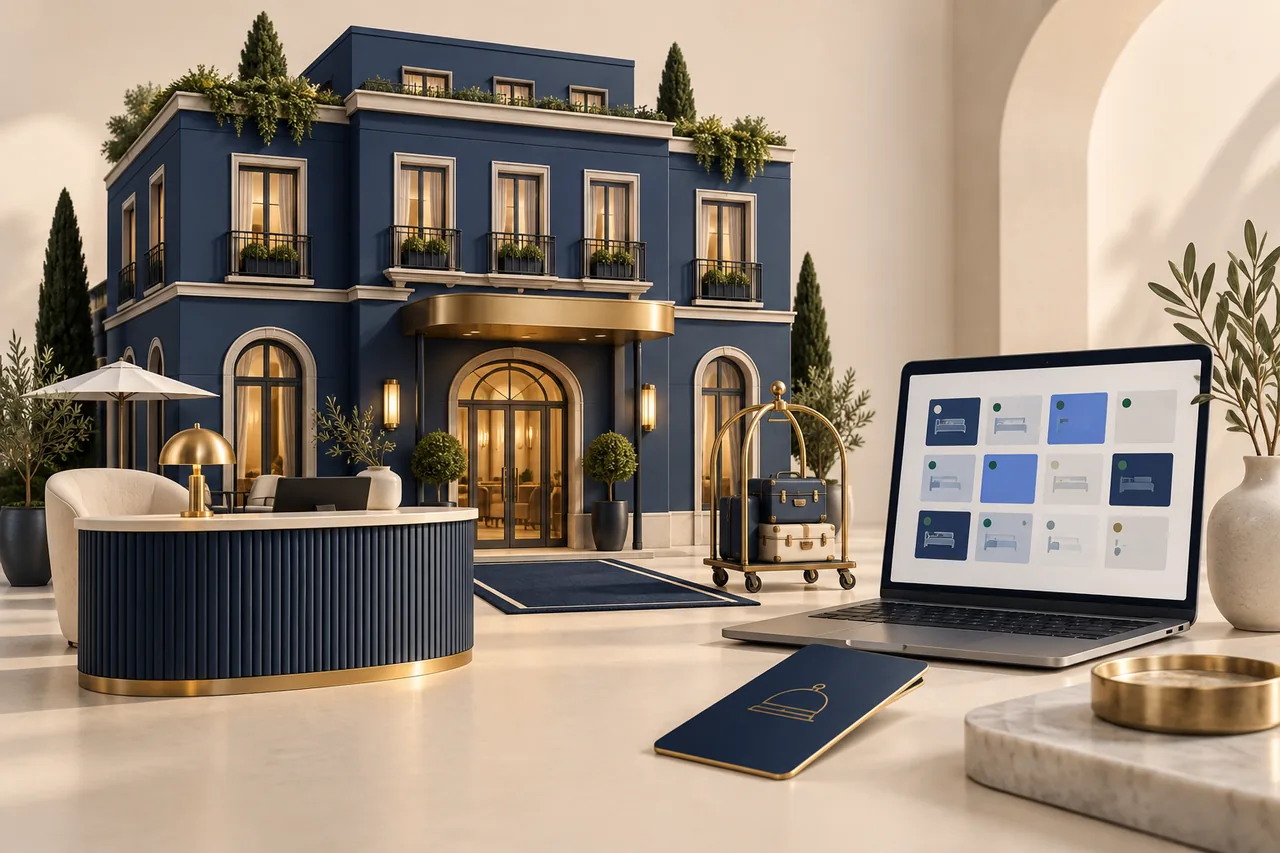 Boutique hotel model, reception desk and laptop with room tiles illustrating hotel management software
