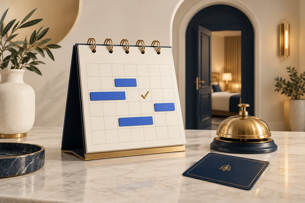 Reservation calendar with booking blocks, a reception bell and hotel key card