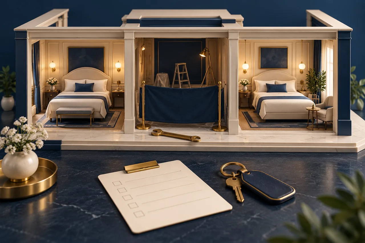 A three-room hotel miniature with one closed bay, a small wrench and an inspection card