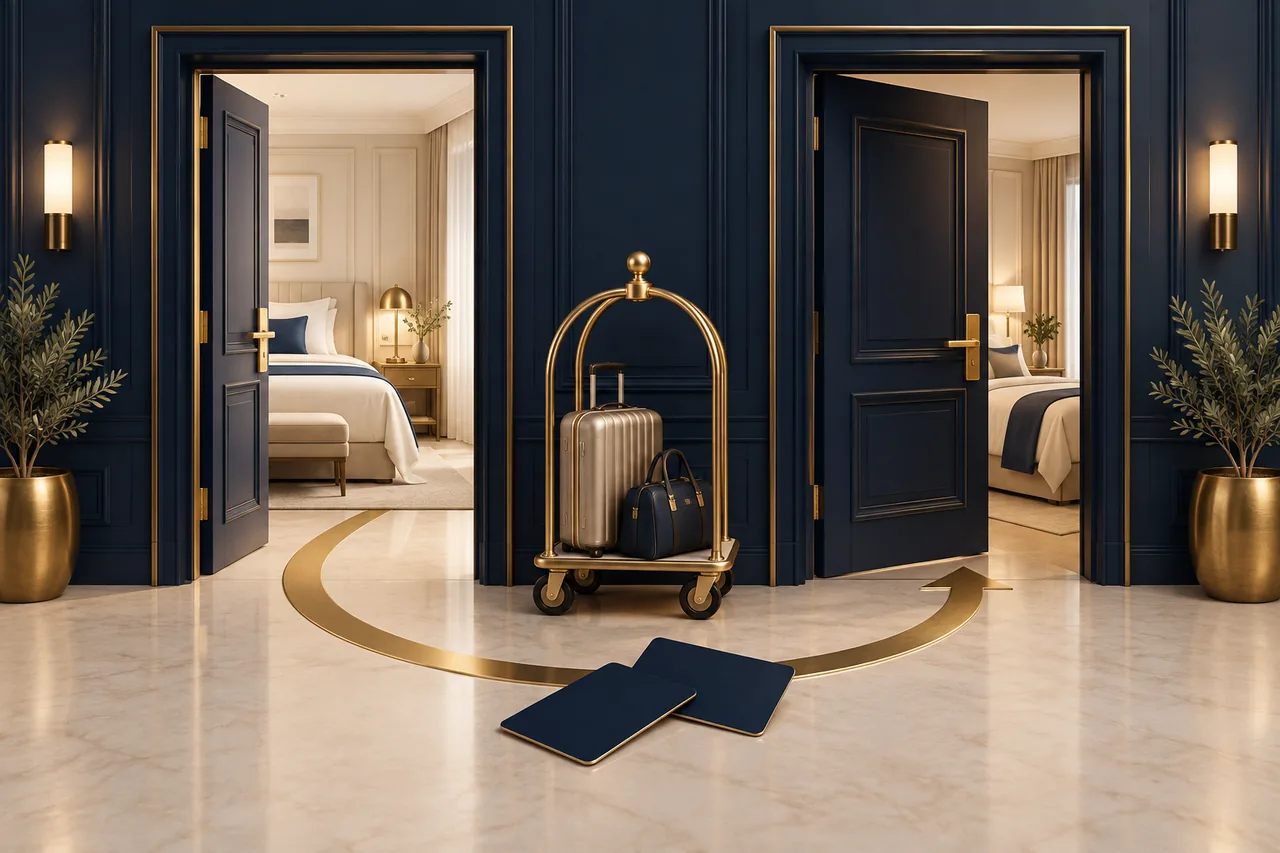 A gold path connecting two hotel doorways with a luggage trolley between them and two keycards in front