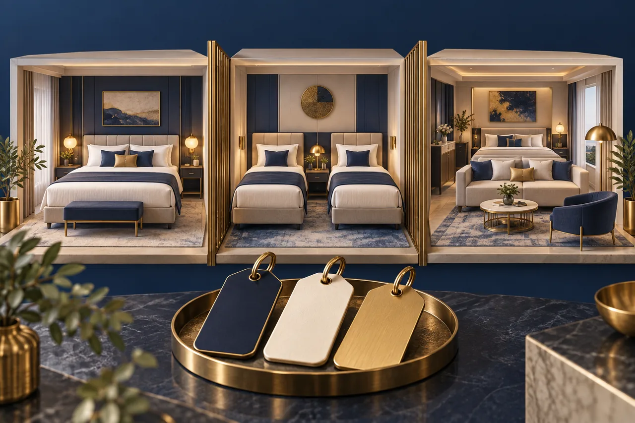 Three miniature rooms showing a double bed, separate single beds and a family room with a sofa