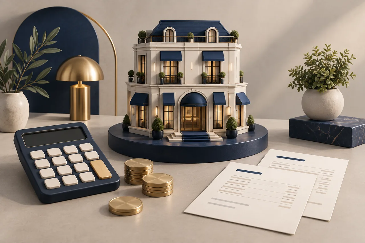Hotel model, calculator, brass coins and invoice sheets illustrating hotel software cost planning