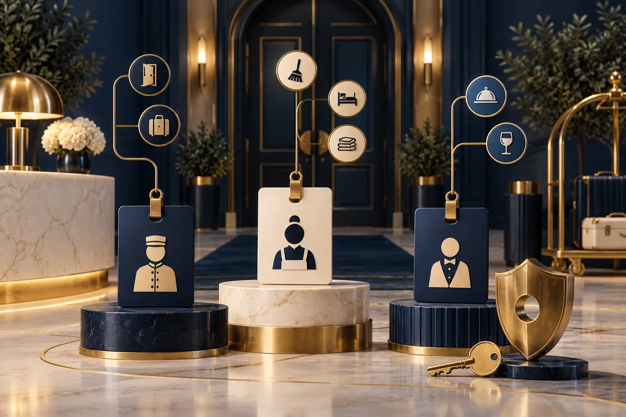 Three staff badge cards connected to different work symbols, with a gold key and shield