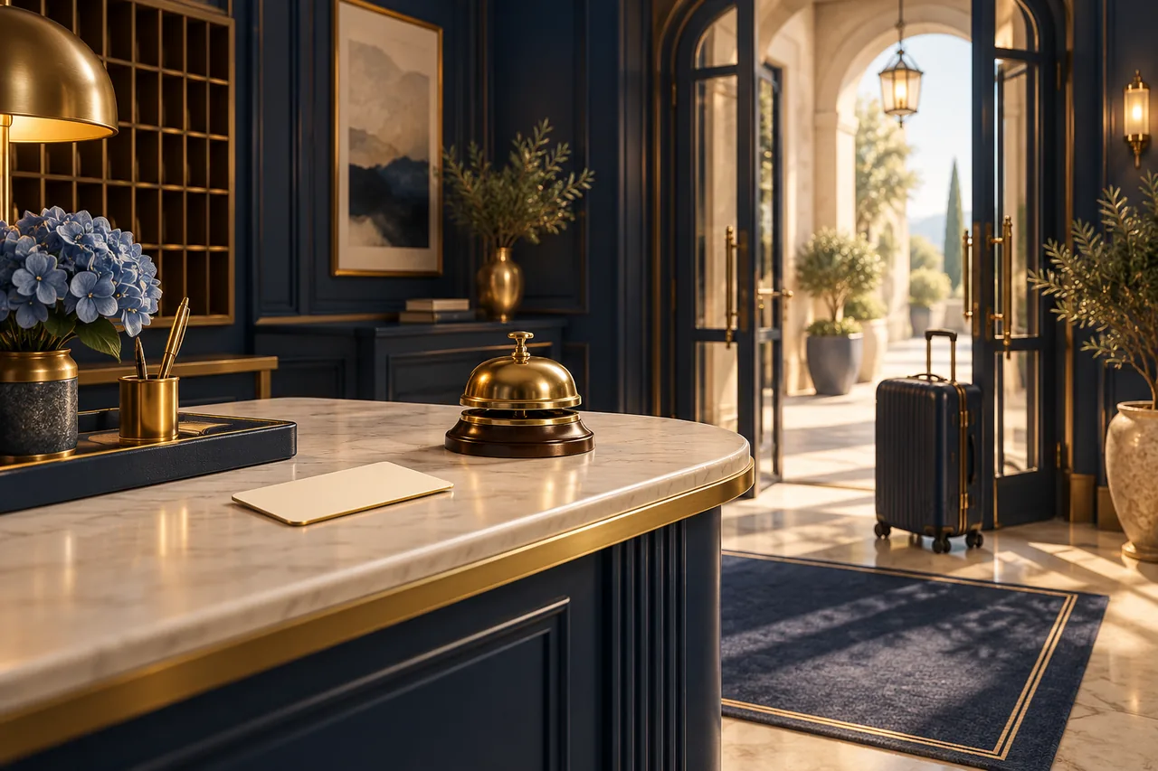 A suitcase at an open hotel entrance with a brass bell and blank keycard on the reception counter